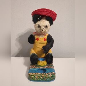 Vintage 1950s ALPS Japan Fishing Panda Tin Toy Flocked Bear. Non Working
